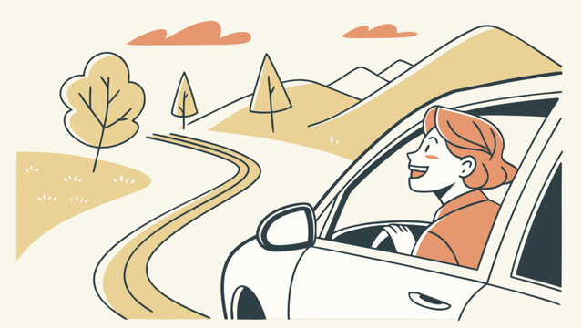 Woman driving car on road trip adventure through countryside landscape illustration travel and vacation