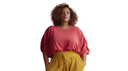 Young woman with curly hair posing confidently in casual attire against a white background.