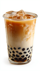 A cup of bubble tea, with milk and black pearls in the bottom half, filled to about one-third full. The glass is made from a plastic material, and there's an ice cube at the top. There should be no ba