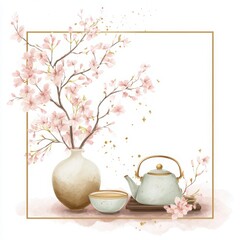 Elegant Arrangement with Cherry Blossom Branch and Teapot Design
