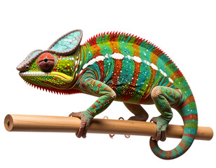 Obraz premium Chameleon, colorful on a wooden stick, transparent background 