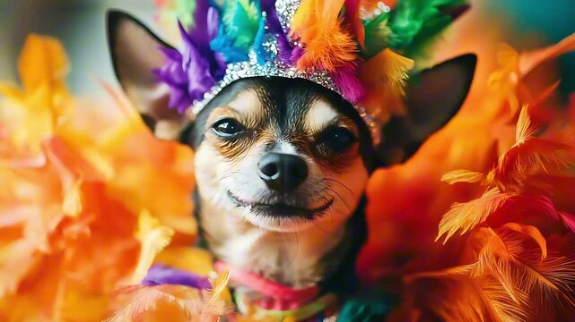 Happy dog wearing feather mask masquerade costume bead necklace in observance celebration of carnival mardi gras looking at camera and ready to party have fun celebrate and dance
