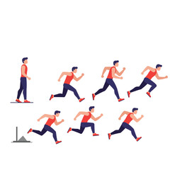 Athletic man in red tank top and blue shorts captured in various running poses illustrating movement and speed on a white background.