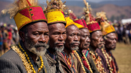 Fototapeta premium Elder tribal men in traditional red and yellow feathered headdresses celebrate heritage with unity and pride on World Tribal Day