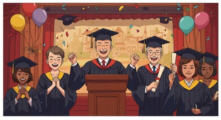 Obraz premium A group of smiling students in black gowns and mortar board caps celebrating their academic success