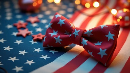 Red bow tie with white stars on an american flag background.