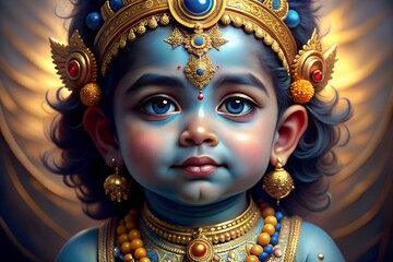 Close up portrait of a young blue skinned deity adorned with ornate gold jewelry