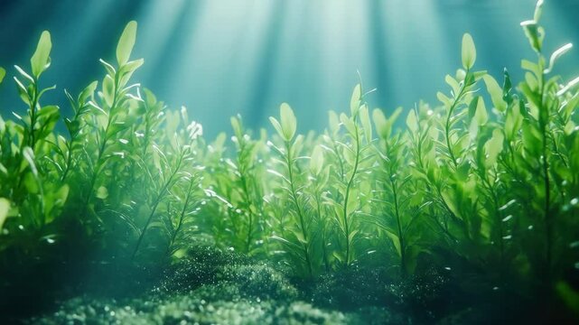 A vibrant underwater scene of green algae and plants thriving in the depths, bathed by sunlight filtering through.