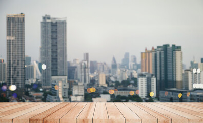 Wood tabletop cityscape metropolis evening skyscrapers buildings illuminate urban lights panorama modernity residential sun lights downtown morning skyscraper contemporary business office window