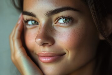 Woman&acirc;&euro;&trade;s face in studio light, hand near face, soft smile