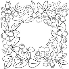 Blueberry Branch with Berries and Leaves Outline Frame. Organic natural nutritional healthy food ingredient, vegetarian diet product. Vector isolated for design or decoration.