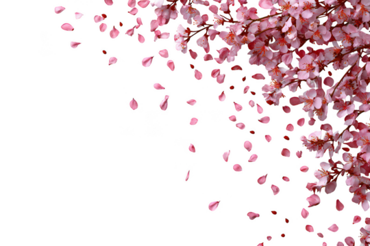 Pink cherry blossom petals falling from branches isolated on transparent background
