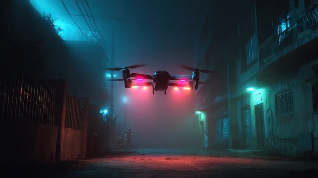 A futuristic police drone with red scanning lights in a dark alley - Powered by Adobe