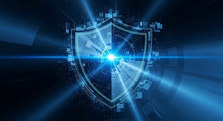Obraz premium Digital shield graphic with radiating light effects, representing cybersecurity.
