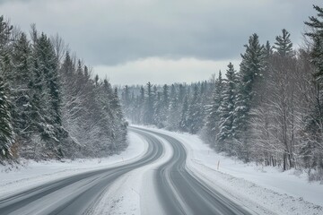 Winter drive on Highway 40, Quebec, Canada, snowy road, overcast sky, forest background