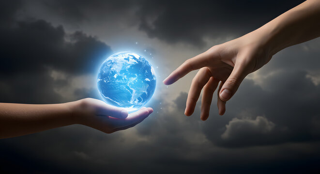 Two hands reaching for a glowing earth held in a cupped hand