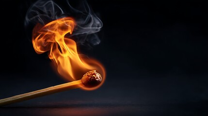 Ignition concept with burning matchstick centered flame fire closeup in minimalist background