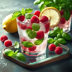 Lemonade with Raspberries and Basil A tall glass of lemonade wit