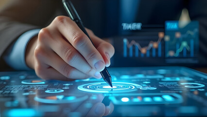 Professional businessman hand approving tax verification checklist using precision stylus