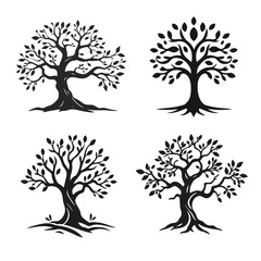 Obraz premium Tree silhouette collection, nature icons set, decorative tree design, forest element bundle, black tree illustrations