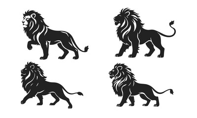 Lion silhouette collection, wild cat shapes, roaring lion art, jungle predator graphic, tribal lion emblem set