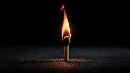 Ignition concept with burning matchstick and centered flame fire closeup on minimalist background