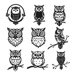 Collection of owl logos with sharp eyes, clean lines, symbol of wisdom and strength. Vector owl, owl emblem, night bird, tribal owl