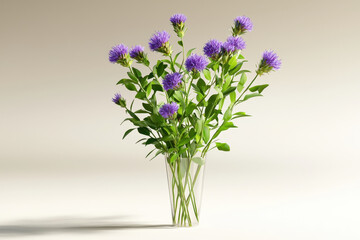 Beautiful arrangement of purple flowers clear vase, showcasing vibrant colors and lush green leaves, creating serene