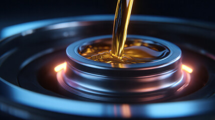Engine oil pouring into metal container with glowing heat, close up of liquid flow and metallic surface shining