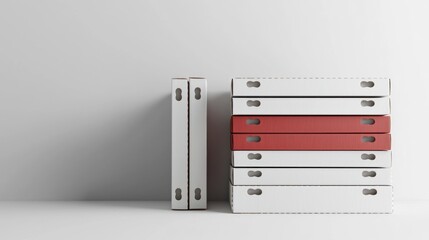 3D rendering of stacked pizza boxes in lineup format on white