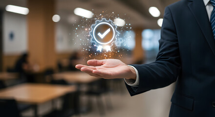 Businessman holding a digital badge of approval with a checkmark and gear icon