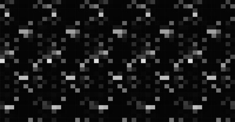Monochrome mosaic background showcasing scattered white and gray square shapes against a dark backdrop, creating a textured and pixelated visual effect across the image surface