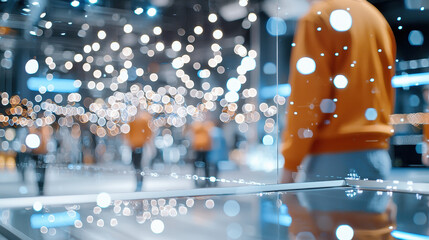 Vibrant fashion show scene with tech enthusiasts showcasing innovative designs and bright lights creating lively atmosphere