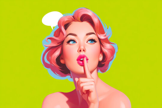 Pop art illustration of woman making shush gesture on green background
