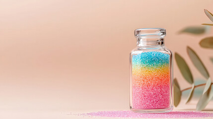 Glass bottle filled with colorful sand, showcasing vibrant hues of pink, blue, and yellow, evokes sense of creativity and joy