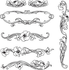 Art Nouveau inspired floral border elements, delicate vines and abstract blooms, Adobe Illustrator Artwork