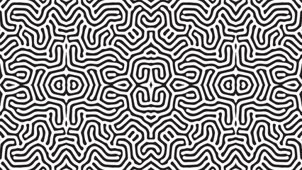 A black and white seamless pattern featuring organic shapes and intricate line work design elements