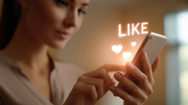 Woman using smartphone with social media like icons glowing, digital connection and communication concept
