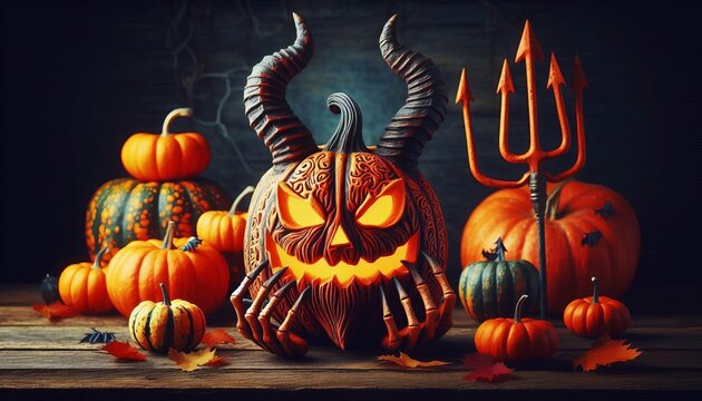 Pumpkin Devils Horned and pitchfork holding devil pumpkins