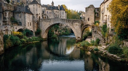 Fototapeta premium Stone bridge over tranquil river, quaint European village