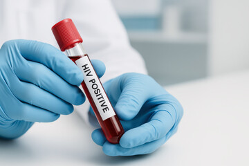 Hiv doctor holding blood sample tube with hiv positive label in medical laboratory for testing and diagnosis of disease