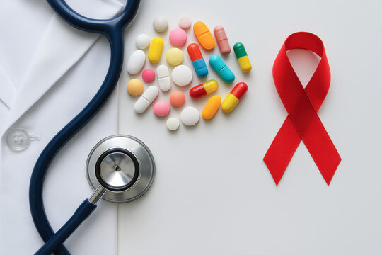 HIV doctor concept with stethoscope and colorful pills on white coat near red ribbon symbolizing awareness and support for HIV treatment and healthcare