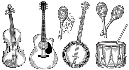 Monochrome illustration of various musical instruments including violin, guitar, banjo