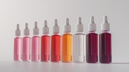 3D rendering of cosmetic product bottles lineup on white background