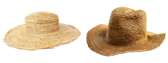 Two straw hats on a black background with transparent background