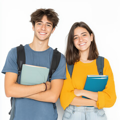 Smiling students holding books against white background