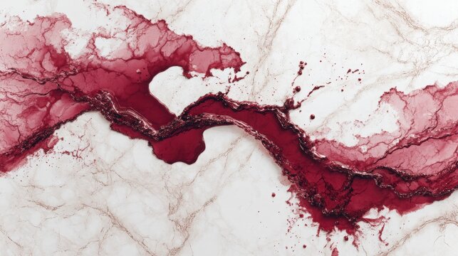A hyper-realistic spilled wine forming continent-like shapes, deep merlot red on white marble