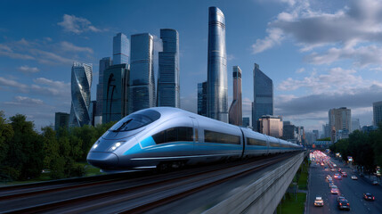 Modern high speed train moving on elevated track with city skyscraper background under cloudy sky