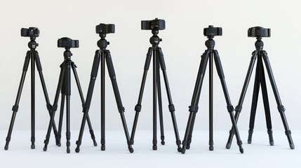 3D rendering of camera tripods lineup on white background