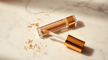 Luxurious Gold Glitter Lip Gloss on White Marble